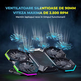 Cooler Laptop Gaming RGB Elindor® Suport cu Unghi Reglabil, Suport pentru Telefon, Dimensiuni Compatabile 12-17 Inch, 6 Ventilatoare Puternice si Silentioase 20dB, Viteza Ajustabila, 2 Porturi USB, pentru Birou, Calatorii, 40 x 27 x 3.6 cm, Negru
