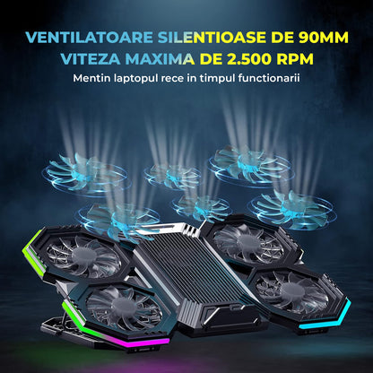 Cooler Laptop Gaming RGB Elindor® Suport cu Unghi Reglabil, Suport pentru Telefon, Dimensiuni Compatabile 12-17 Inch, 6 Ventilatoare Puternice si Silentioase 20dB, Viteza Ajustabila, 2 Porturi USB, pentru Birou, Calatorii, 40 x 27 x 3.6 cm, Negru