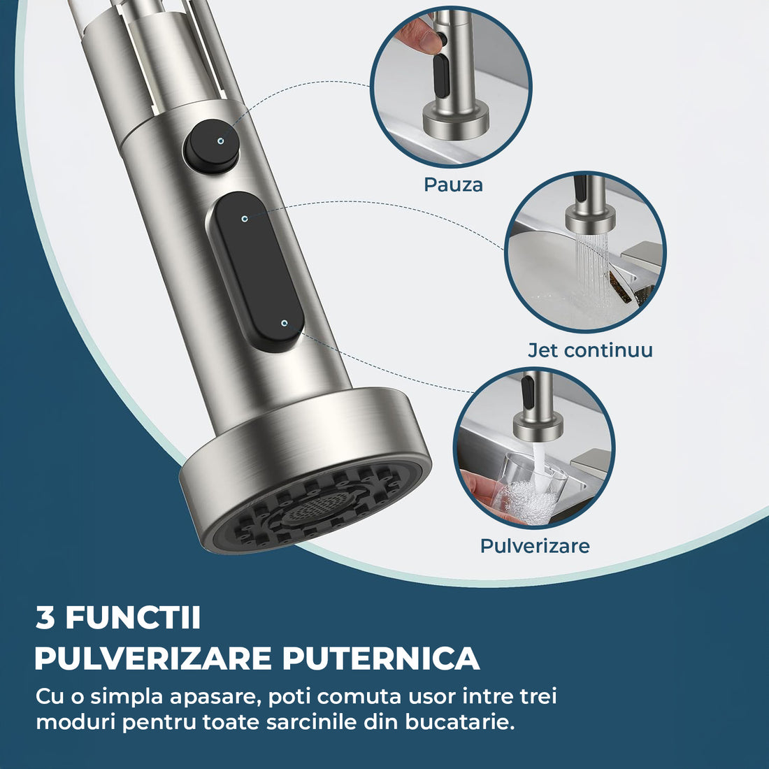 Baterie Chiuveta Bucatarie Argintie Elindor® Robinet de Apa Modern, cu Suport Incastrat pentru Sapun, Jet Reglabil, Cap Dus Extractabil cu Trei Functii, Monocomanda, pentru Bucatarie, Otel Inoxidabil, Finisaj Mat