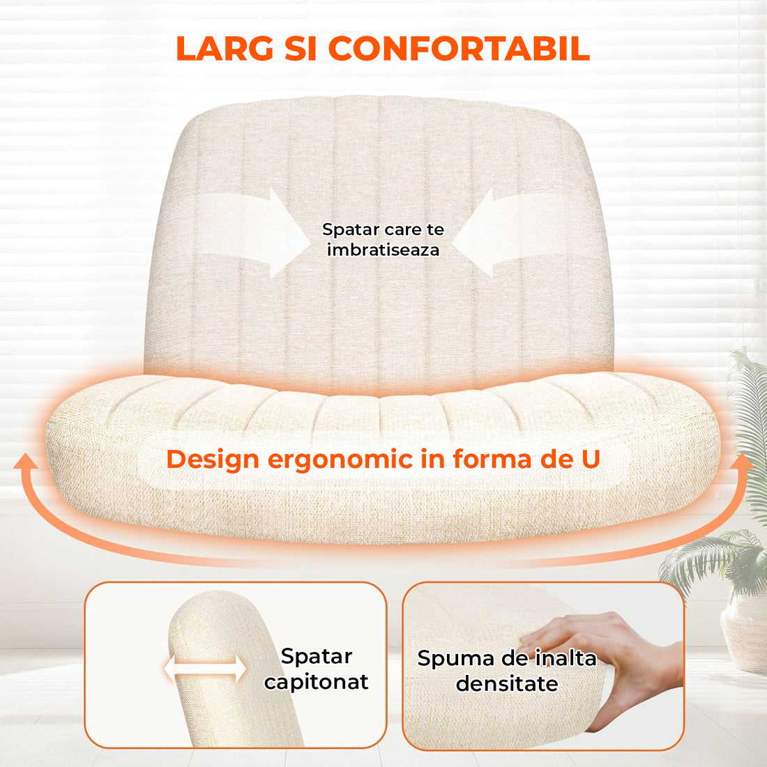 Scaun Birou Ergonomic Elindor® Rotativ 360°, fara Manere, cu Spatar Design Compact, Confortabil, Scaune in Stil Modern cu Roti, Picioare Metalice, Reglaj Balansare, Inaltime Ajustabila, 56 × 67 × 92 cm, Bej