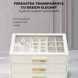 Cutie de Bijuterii Elindor® Organizator pe 3 Niveluri, Sertar x3, Spatiu de Depozitare pentru Inel, Verighete, Lantisoare, Bratari, Cercei, Caseta cu Design Rafinat, Simplu si Elegant, Piele Ecologica Alba, 18x25x15 cm