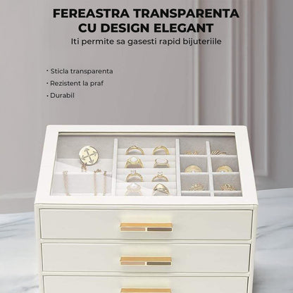 Cutie de Bijuterii Elindor® Organizator pe 3 Niveluri, Sertar x3, Spatiu de Depozitare pentru Inel, Verighete, Lantisoare, Bratari, Cercei, Caseta cu Design Rafinat, Simplu si Elegant, Piele Ecologica Alba, 18x25x15 cm