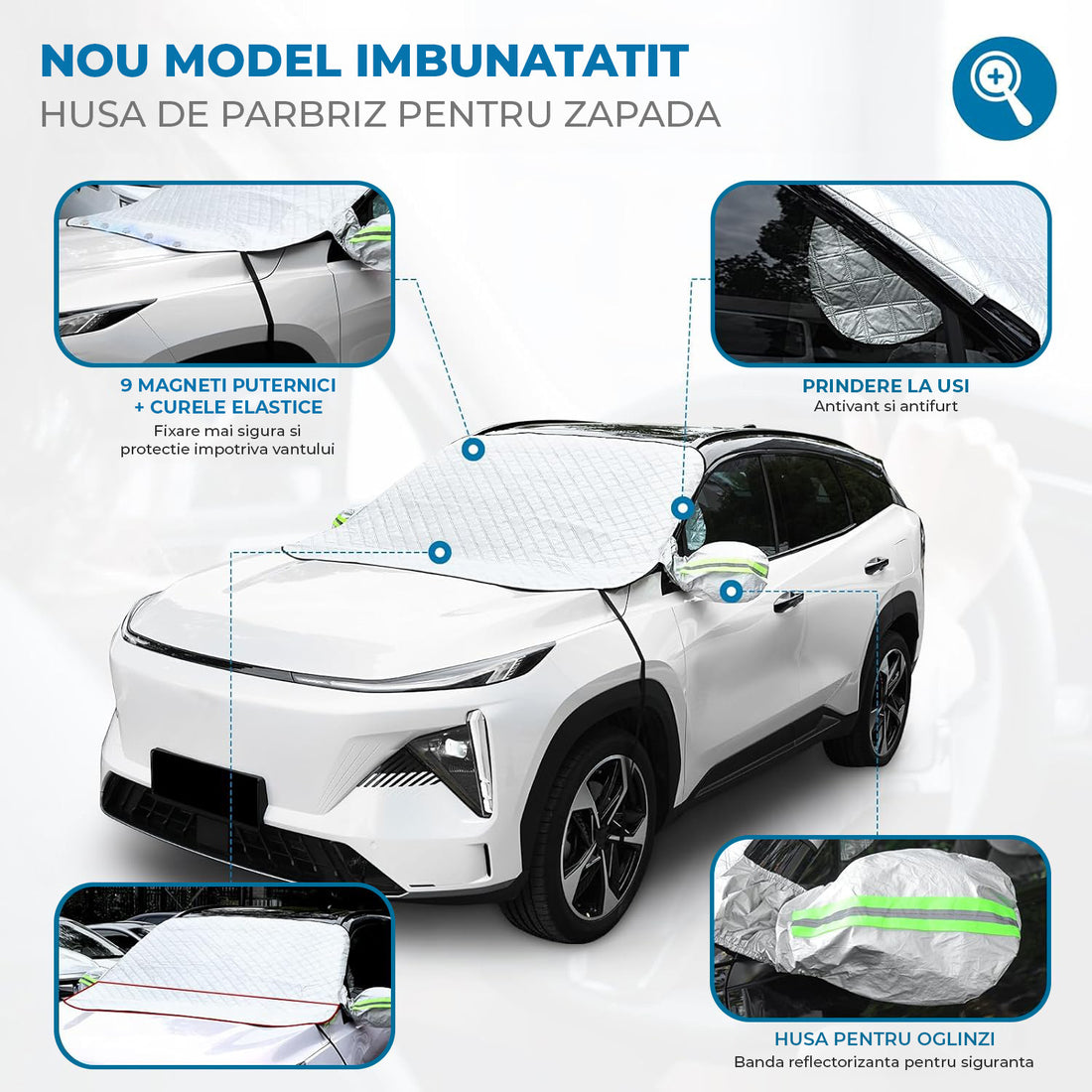 Parasolar Auto Elindor® pentru Parbriz si Oglinzi, Magnetic cu 9 Magneti, cu Banda Reflectorizanta, Material cu 4 Straturi, Universal, Folie pentru Protectie Soare, Anti-inghet, Pliabil, Usor de Depozitat, Accesorii Masina Exterior, 157 x 126 cm, Argintiu