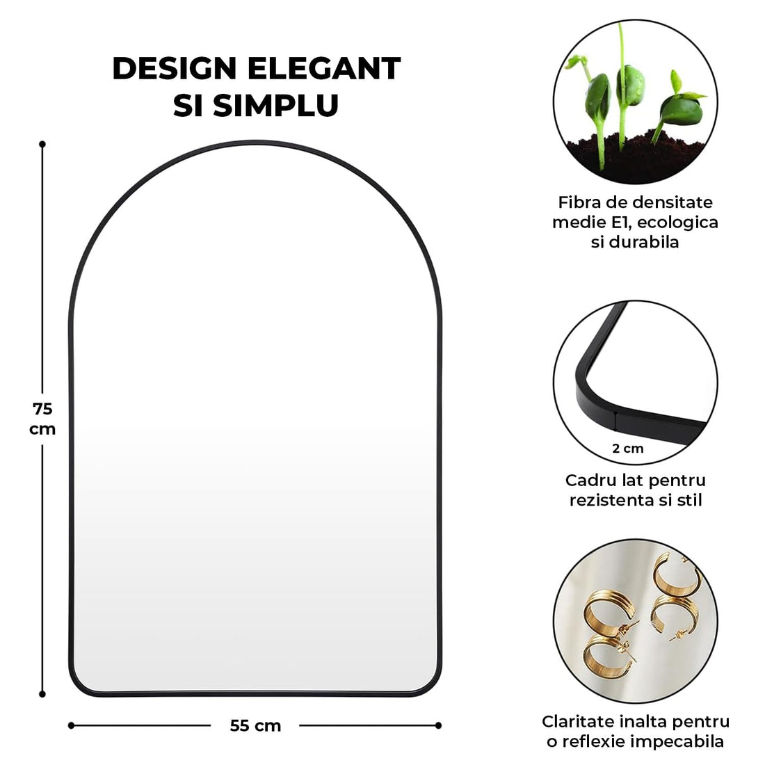 Oglinda de Perete Elindor® Arcuita 55x75 cm, Reflexie HD, Rama Neagra