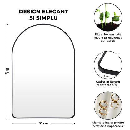 Oglinda de Perete Elindor® Arcuita 55x75 cm, Reflexie HD, Rama Neagra