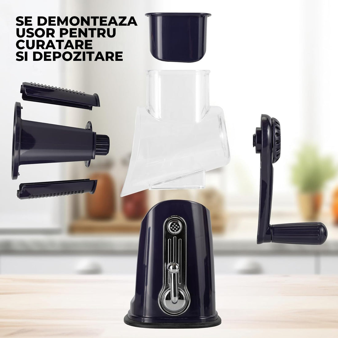Razatoare Rotativa 5 in 1 Elindor® cu Maner, Lame din Otel Inoxidabil, Tocator Legume, Razatoare Branza, Nuci, Morcovi, Varza, Ustensila de Bucatarie, Design Compact, Multifunctional, Mov