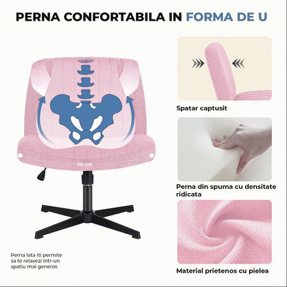 Scaun Birou Ergonomic Elindor® Rotativ 360°, fara Manere, cu Spatar Design Compact, Scaune in Stil Modern fara Roti, Picioare Metalice, Reglaj Balansare, Confortabil, Inaltime Ajustabila, 56 × 67 × 92 cm, Roz