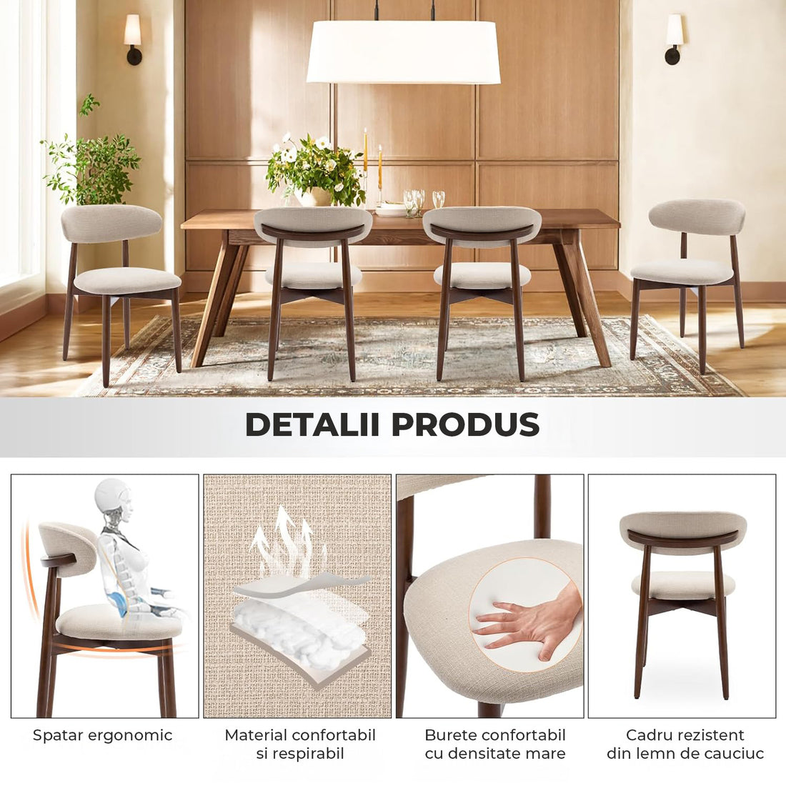 Set 2 Scaune Elindor® Ergonomice, Design Contemporan, Scaun cu Spatar si fara Manere, Tapitate cu Picioare din Lemn, Potrivite pentru Living, Bucatarie, Birou, Dormitor, 79 x 55 x 48 cm, Bej