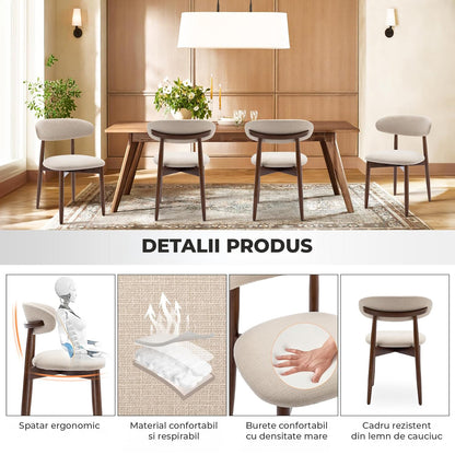 Set 2 Scaune Elindor® Ergonomice, Design Contemporan, Scaun cu Spatar si fara Manere, Tapitate cu Picioare din Lemn, Potrivite pentru Living, Bucatarie, Birou, Dormitor, 79 x 55 x 48 cm, Bej
