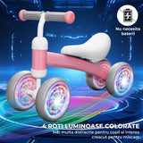 Bicicleta fara Pedale Elindor® pentru Copii, cu 4 Roti cu LED, Usoara, Silentioasa, Robusta, Sa Ergonomica, Dezvolta Echilibrul si Coordonarea, pentru Copii de 10-36 Luni, 55 x 19 x 24.5 cm, Roz
