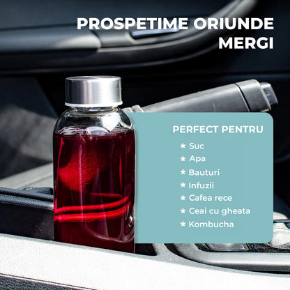 Set 6 Sticle Elindor® cu Capace din Inox, Etanseitate 100%, Ideal pentru Apa, Suc, Smoothie, Ceai, Cafea, Potrivit pentru Frigider, Lavabil, din Sticla fara BPA, 22 x 6 cm, 530 ml, Transparent