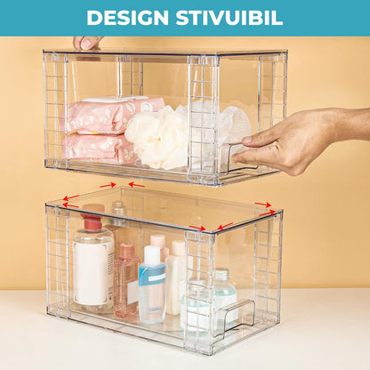 Set 2 Organizatoare Acrilice Elindor® cu Sertar, Depozitare in Dulap, Frigider, Camara, Baie, Transparent