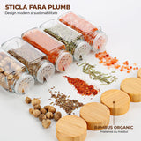 Set 24 Recipiente Condimente Elindor® din Sticla cu Capac din Bambus, cu Sita, Organizator Bucatarie, Organizatoare Sertar, Borcane 120 ml, 2 Tipuri de Etichete si Palnie din Silicon, Accesorii Depozitare, Transparente