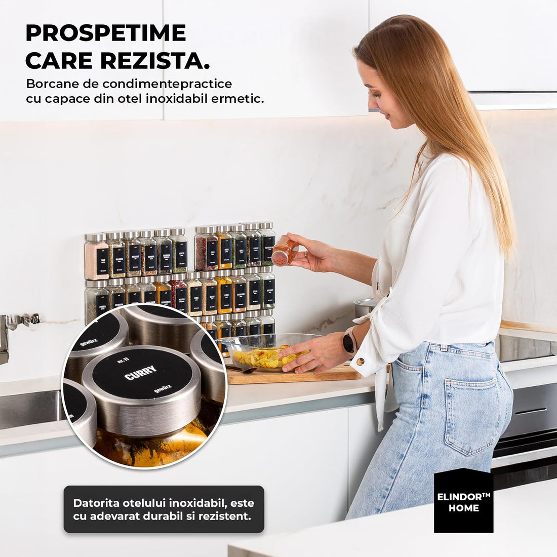 Set 24 Recipiente Condimente Elindor® din Sticla cu Capac Inox, cu Sita, Organizator Bucatarie, Organizatoare Sertar, Borcane 120 ml, 2 Tipuri de Etichete, Palnie din Silicon, Pix Alb Inclus, Perie de Curatare, Accesorii Depozitare