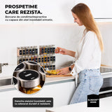 Set 24 Recipiente Condimente Elindor® din Sticla cu Capac Inox, cu Sita, Organizator Bucatarie, Organizatoare Sertar, Borcane 120 ml, 2 Tipuri de Etichete, Palnie din Silicon, Pix Alb Inclus, Perie de Curatare, Accesorii Depozitare