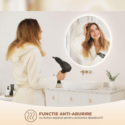 Oglinda de Perete Elindor® Rotunda, fara Rama, Decorativa, Eleganta, Ideala pentru Baie, Birou, Hol, Living, Dressing, Iluminare Led, Intensitate Ajustabila, Antiaburire, 3 Temperaturi de Culoare, 50 x 50 cm