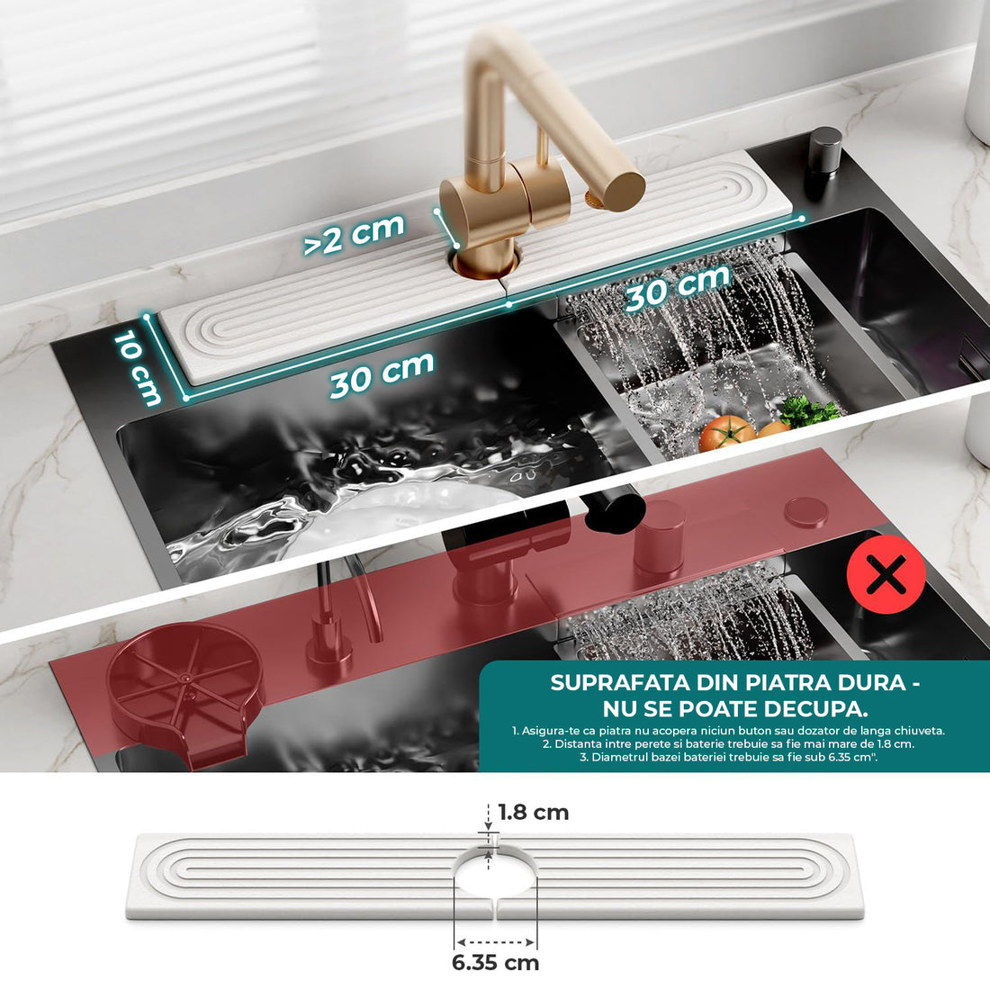 Covoras Multifunctional Absorbant Elindor®, Tava din Diatomit Antiderapant, pentru Protectie Baterie Chiuveta, Protectie Blat Bucatarie, Baie, Covoras Uscare Cani, Burete Vase, Sticla Detergent, Sapun, Usor de Curatat si Reutilizabil, 60 × 10 cm, Gri Desc