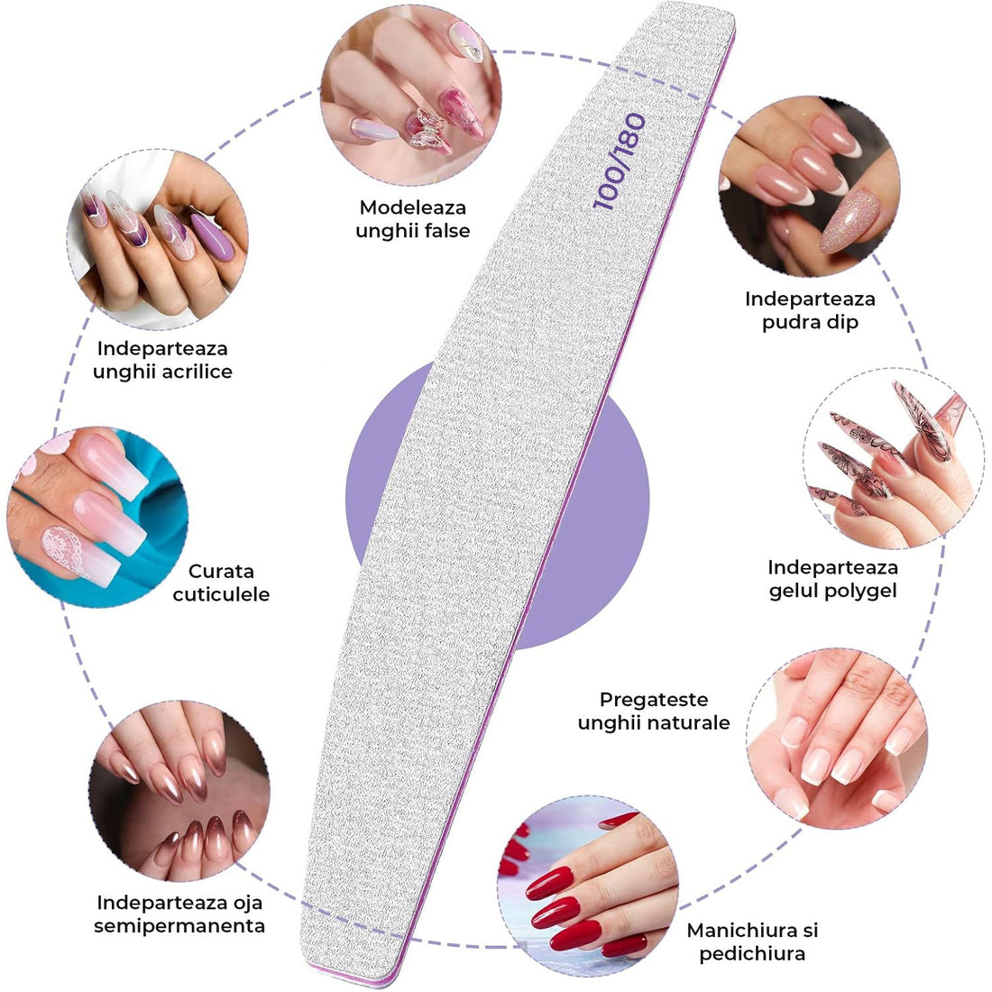 Set 10 Pile Unghii Profesionale Elindor® Granulatie 100/180 Reutilizabile Semiluna pentru Manichiura Pedichiura Unghii Naturale si False, Gri