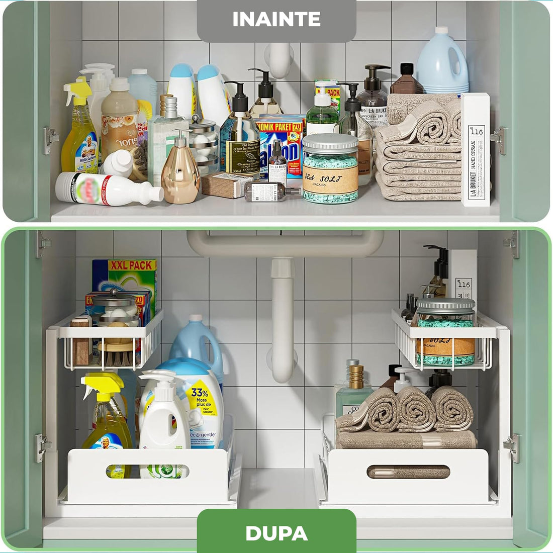 Organizator cu sertare Metalice Glisant Elindor® pe 2 Nivele pentru Dulap, sub Chiuveta sau Blat, Raft cu Sertare pentru Camara,Accesoriu Organizare Bucatarie si Baie, Sistem de Glisare si Antialunecare, ,Accesorii Depozitare, Alb