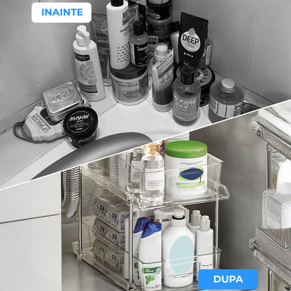 Set 2 Organizatoare Transparente Elindor® cu 2 Nivele, Recipient de Depozitare Multifunctional si Glisant, Organizator pentru Dulapul de sub Chiuveta din Baie si Bucatarie, 30 × 19 × 25.5 cm
