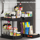 Organizator Elindor® cu 2 Nivele, Recipient de Depozitare Multifunctional si Glisant, Organizator pentru Dulapul de sub Chiuveta din Baie si Bucatarie, 20.3 x 38 x 32.5 cm, Negru