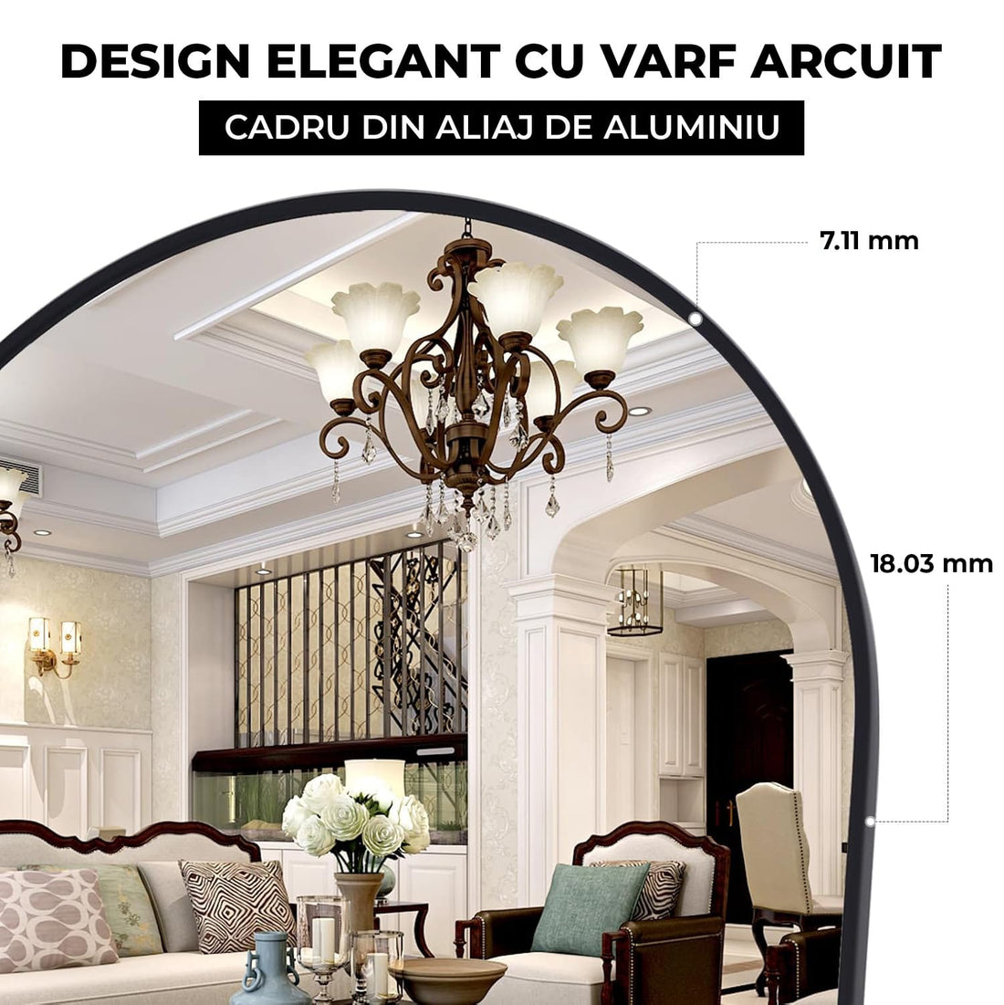 Oglinda Elindor® Cadru din Aluminiu, 150x40 Cm, Design Arcada, Modern, Montaj pe Perete sau Podea, Ideala pentru Dormitor, Living sau Hol, Negru