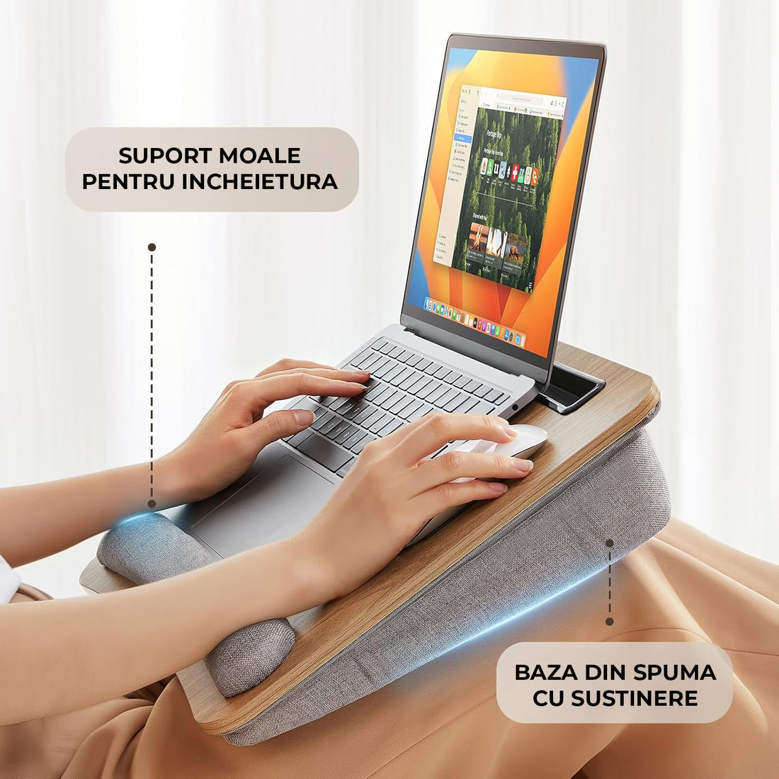 Suport Universal Maro pentru Laptop Elindor®, Masa Multifunctionala, din Lemn, Birou Portabil cu Sertar de Depozitare si Suport pentru Tableta, Masuta Stand Dimensiuni 43x33x7 cm