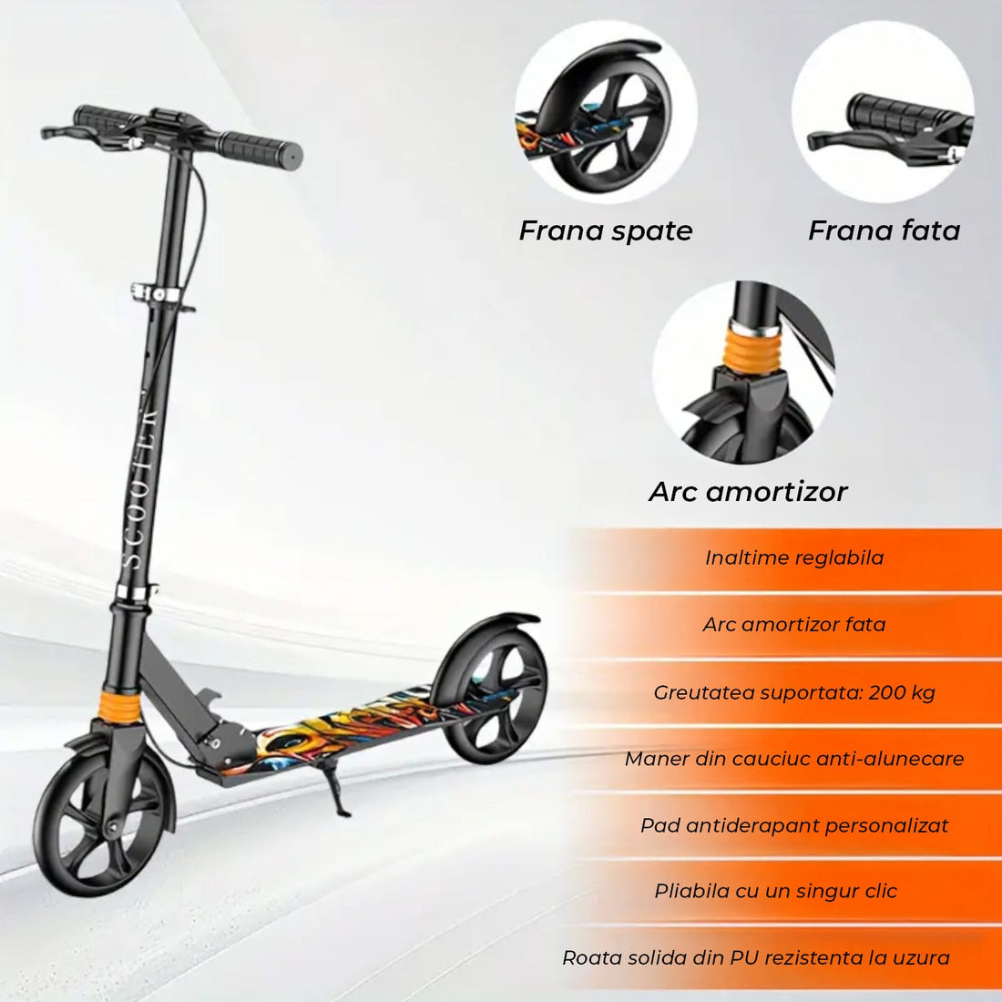 Trotinetă Pliabilă cu Amortizor Elindor®, Frână Spate și Platformă Antiderapantă, Neagră