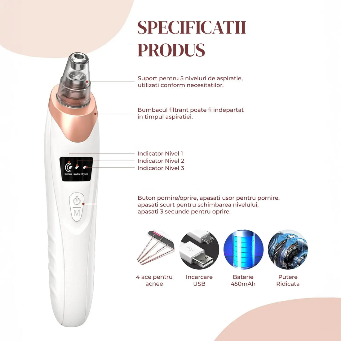 Aparat Extractie Puncte Negre Elindor®  3 Moduri de Putere, 5 Capete Speciale, Aspirator Profesional pentru Pori, Alb