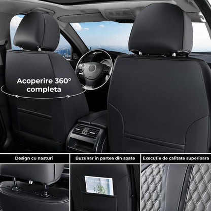 Set Complet de 3  Huse Scaune Auto Elindor®, Piele Nappa, Protectie Bancheta si Scaun, Montaj Rapid, Husa Impermeabila, Acoperire Spatar si Sezut, Acceosirii Masina Interior, Universale Compatibile cu VW, Dacia, Renault, BMW, Ford, Skoda, Hyundai, Gri