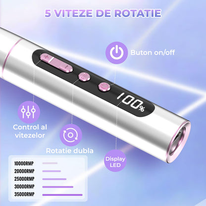 Freza Unghii Reîncărcabilă Elindor® 35.000 RPM, Afisaj LED, 5 Viteze, Alb
