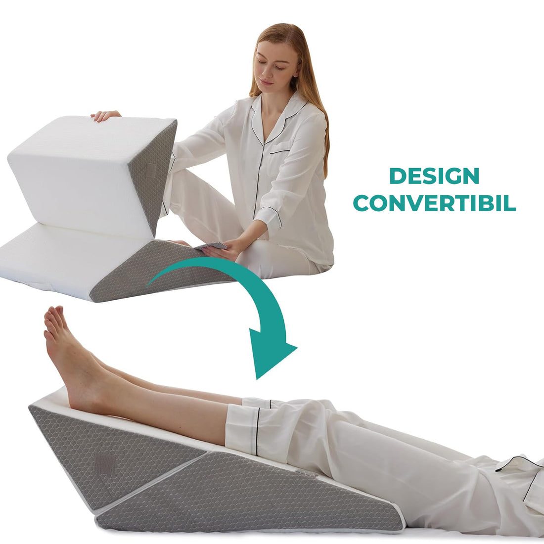 Set 3 Perne Ortopedice Elindor® pentru Pat, Perna Spuma cu Memorie, Hipoalergenica, Suport Spate, Picioare, Genunchi, Post-Operator, Anti-Reflux, Antisforait, Antirid, Pliabile, Hipoalergenic Huse Bumbac Aspect Catifea, Reglabile 23-30 cm, Alb/Gri