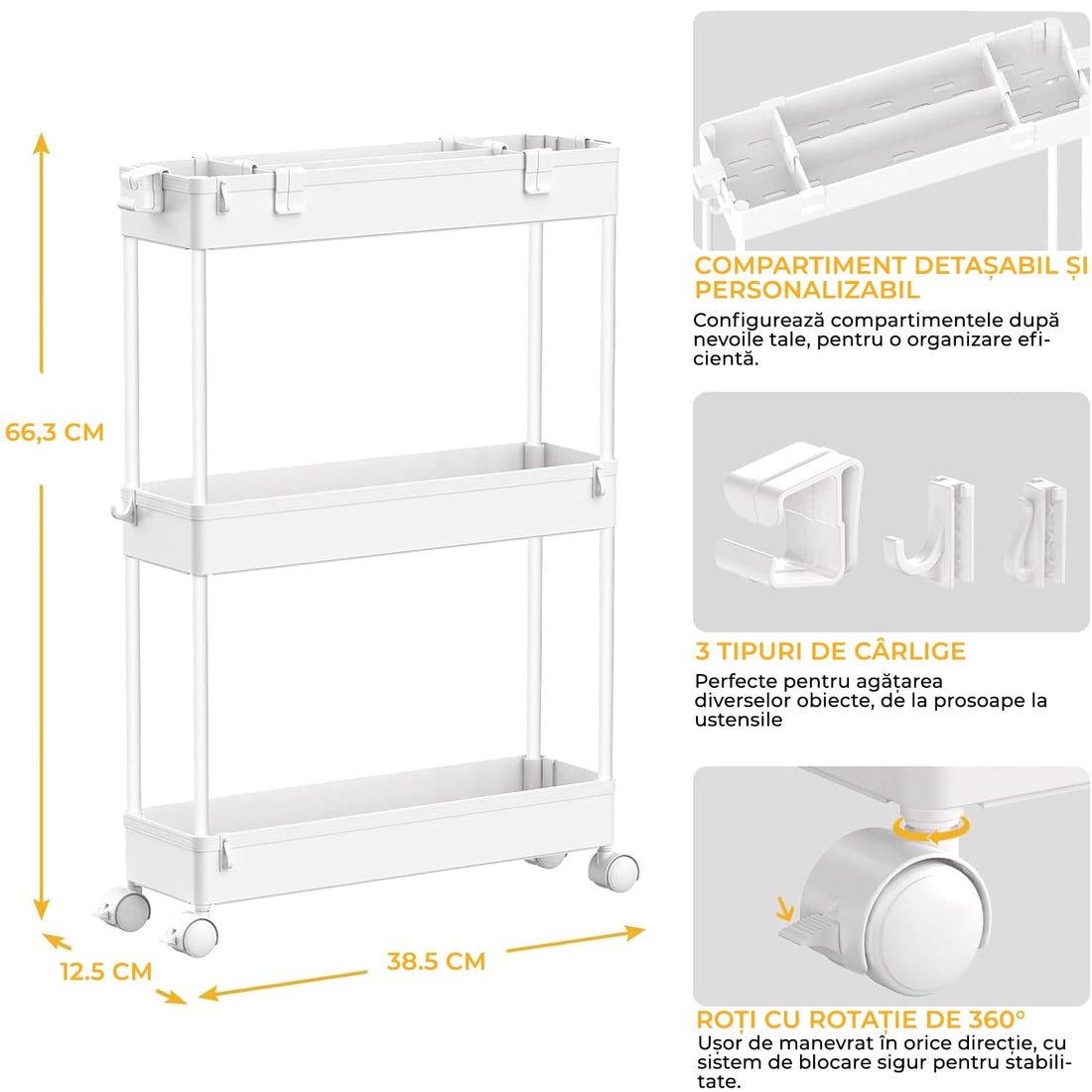Carucior de Depozitare Slim Elindor®, Organizare, 3 Niveluri, Carlige pentru Chei, Organizator Multifunctional pentru Baie, Birou, Bucatarie, Spalatorie, Locuri Inguste, ABS, Alb