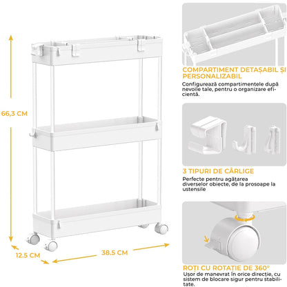 Carucior de Depozitare Slim Elindor®, Organizare, 3 Niveluri, Carlige pentru Chei, Organizator Multifunctional pentru Baie, Birou, Bucatarie, Spalatorie, Locuri Inguste, ABS, Alb