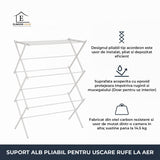 Uscator Vertical Elindor® pentru Rufe haine 6 Nivele, Pliabil, 11 Bare pentru Uscare Haine, Suport Fix, Economie de Spatiu, Ideal pentru Interior, Greutate Maxima Suportata 14.5 kg, 37 × 75 × 106 cm, Alb
