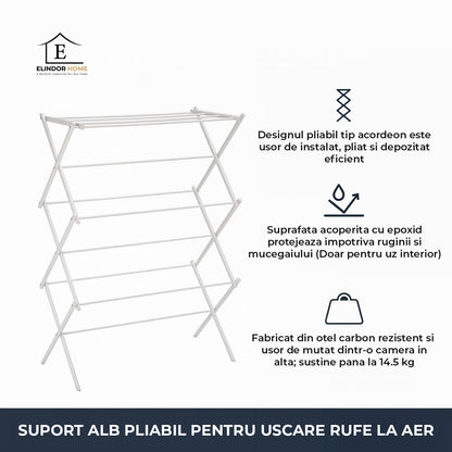 Uscator Vertical Elindor® pentru Rufe haine 6 Nivele, Pliabil, 11 Bare pentru Uscare Haine, Suport Fix, Economie de Spatiu, Ideal pentru Interior, Greutate Maxima Suportata 14.5 kg, 37 × 75 × 106 cm, Alb