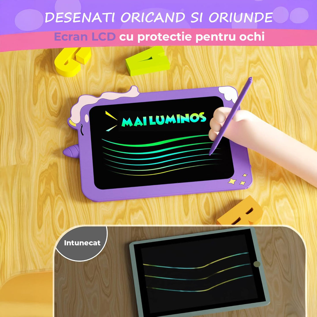 Tabletă LCD pentru Copii Elindor®, 8.5 Inch, pentru Desenat și Scris, Mov