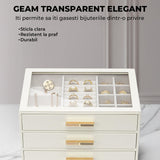 Cutie de Bijuterii Elindor® 3 Sertare si Geam Transparent, Organizator Elegant Pentru Inele, Cercei, Bratari Si Coliere, Design Modern, Alb