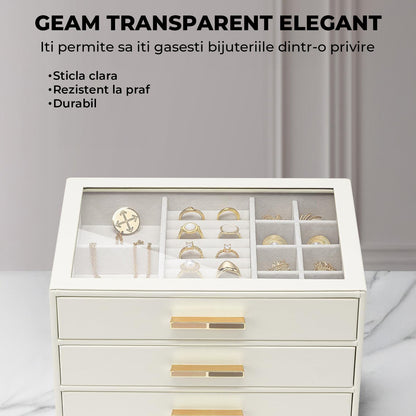 Cutie de Bijuterii Elindor® 3 Sertare si Geam Transparent, Organizator Elegant Pentru Inele, Cercei, Bratari Si Coliere, Design Modern, Alb