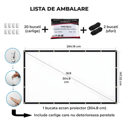 Ecran Proiector Elindor® Portabil, 120 Inch, Panza Proiectie 4K, Pliabil, Montaj Rapid Interior si Exterior, pe Perete, Ideal pentru Videoproiector, Cinema Acasa, Prezentari si Evenimente, Negru
