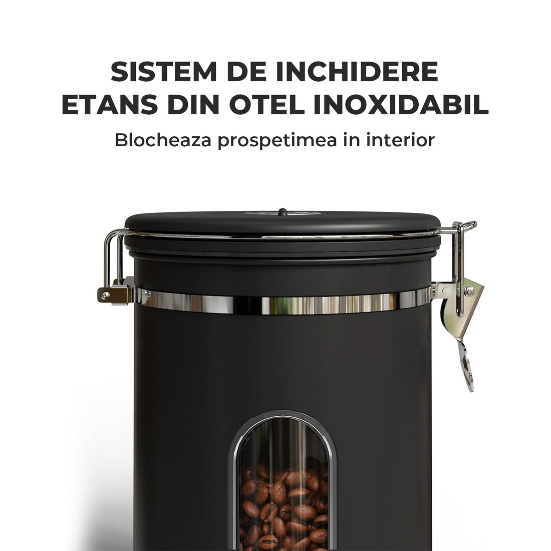 Recipient Inox pentru Cafea Elindor® Borcan Etans cu Capac si Lingurita, Cutie Depozitare Zahar, Ceai, Paste, Orez, Cereale, Faina, Prajituri, Supe, Alimente, Caserola Bucatarie, pentru Frigider si Congelator, 650 ml, Geam Transparent, Negru