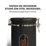 Recipient Inox pentru Cafea Elindor® Borcan Etans cu Capac si Lingurita, Cutie Depozitare Zahar, Ceai, Paste, Orez, Cereale, Faina, Prajituri, Supe, Alimente, Caserola Bucatarie, pentru Frigider si Congelator, 650 ml, Geam Transparent, Negru