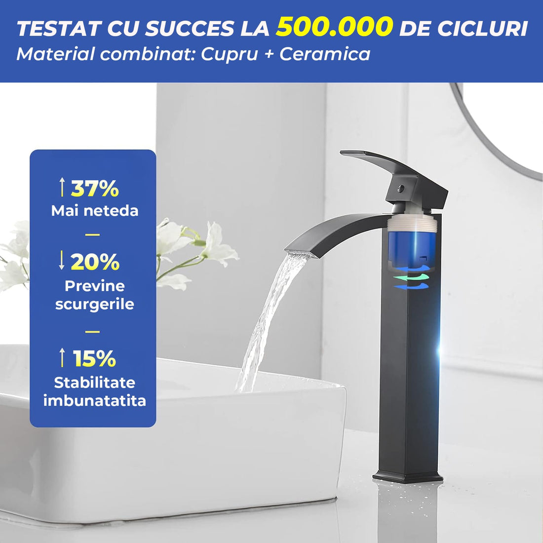 Baterie Chiuveta Vas Elindor®, Robinet Cascada, Design Modern, Alama Solida, Negru