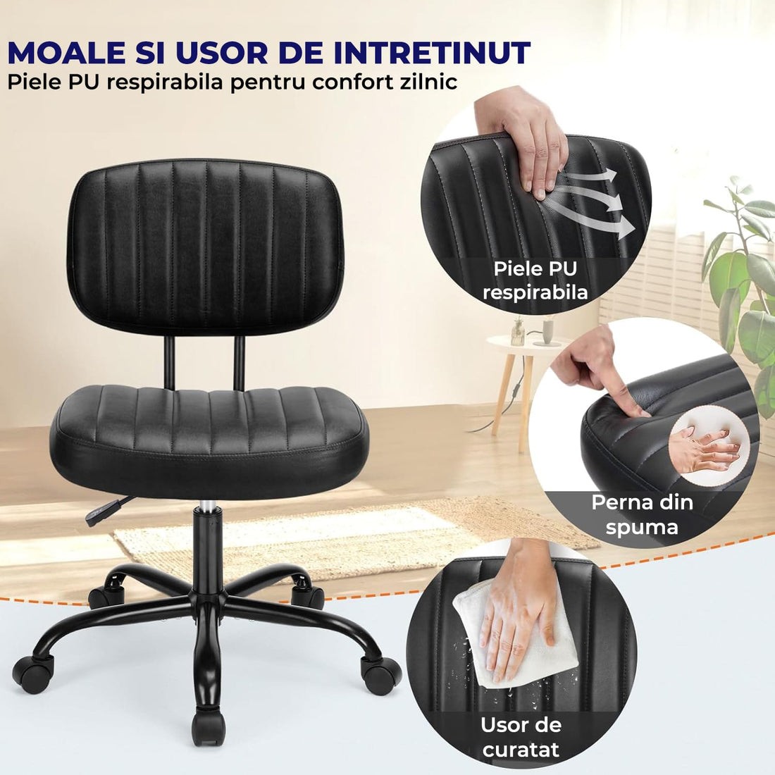 Scaun de Birou Elindor® Fără Brațe, Rotativ, Reglabil, Negru