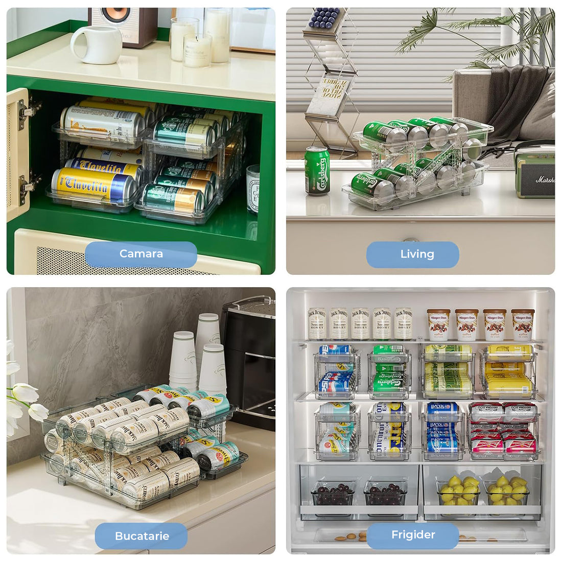 Organizator Bauturi Elindor® pentru Frigider, Dulap sau Blat, 10-11 Doze de 330-500 ml, 2 Nivele, Ajustabil, Antiderapant, Potrivit si pentru Iaurt,32 x 23.5 x 16.5 cm, Transparent