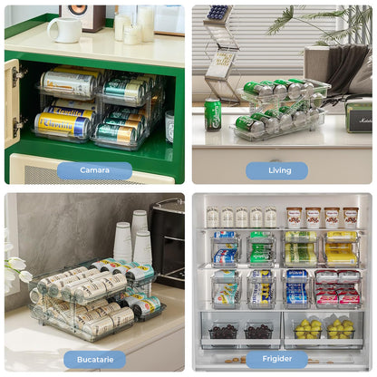 Organizator Bauturi Elindor® pentru Frigider, Dulap sau Blat, 10-11 Doze de 330-500 ml, 2 Nivele, Ajustabil, Antiderapant, Potrivit si pentru Iaurt,32 x 23.5 x 16.5 cm, Transparent