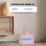 Fantana de Apa pentru Pisici Elindor® 2L cu Robinet Imitat Filtru Carbon Activ si Iluminare LED Ultra Silentioasa Design Compact, Roz