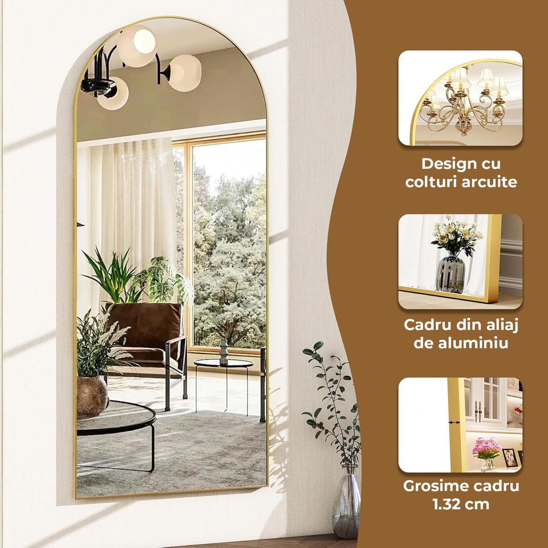 Oglinda Elindor® Cadru din Aluminiu, 150x40 cm, Design Arcada, Modern, Montaj pe Perete sau Podea, Ideala pentru Dormitor, Living sau Hol, Auriu