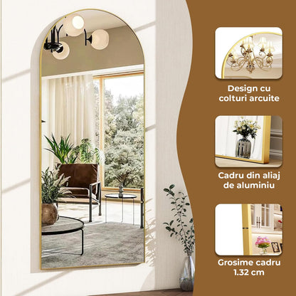 Oglinda Elindor® Cadru din Aluminiu, 150x40 cm, Design Arcada, Modern, Montaj pe Perete sau Podea, Ideala pentru Dormitor, Living sau Hol, Auriu