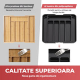 Organizator Negru Elindor® pentru Tacamuri si Ustensile de Bucatarie, 7 Compartimente, Sertar Extensibil 22-38 cm, Suport Ajustabil pentru Cutite, Linguri, Furculite, Accesorii Bucatarie, Separator Sertar, PP